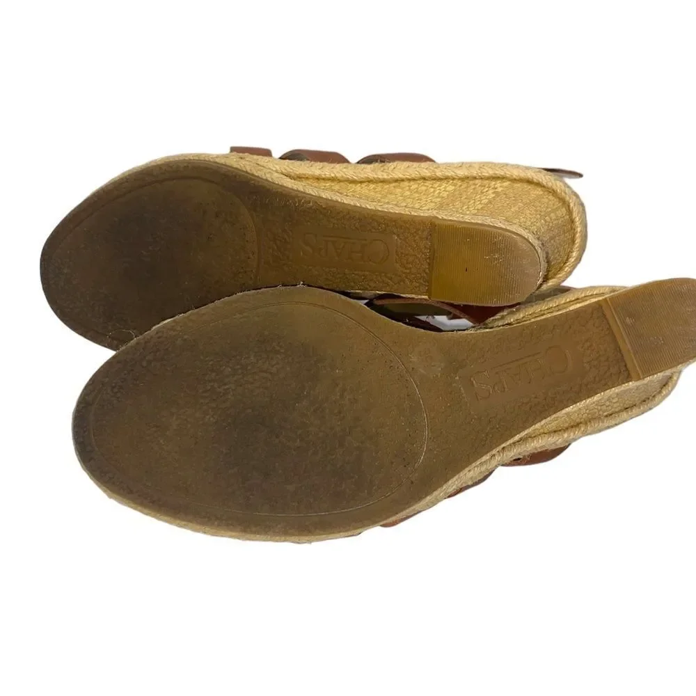 Chaps Dallyn Sz 7.5 Brown Faux Leather Open Toe Ankle Strap Wedge Sandals Shoes